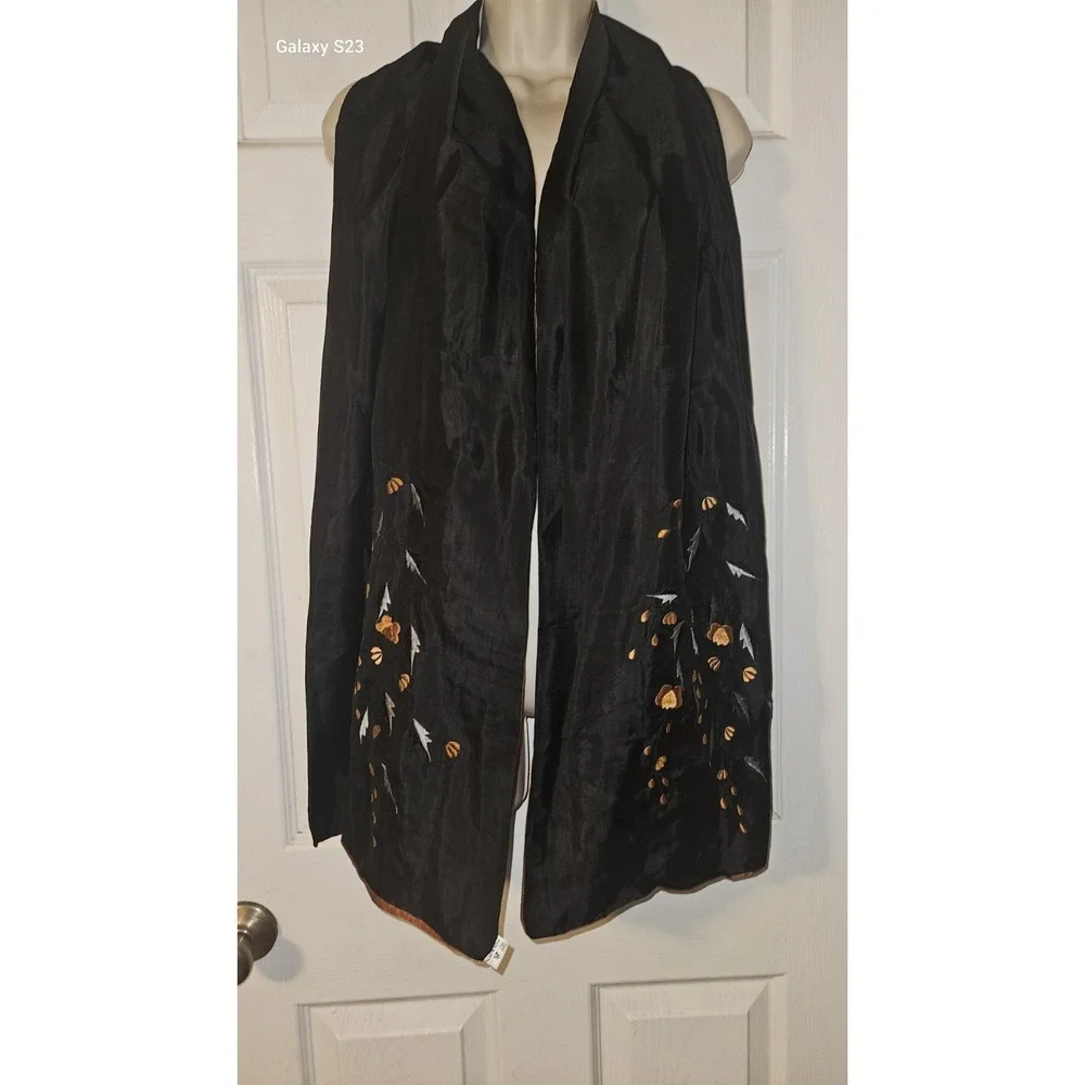 Vintage Reversible Silk Scarf Shawl Orange Black Foral‎ Embroided 72